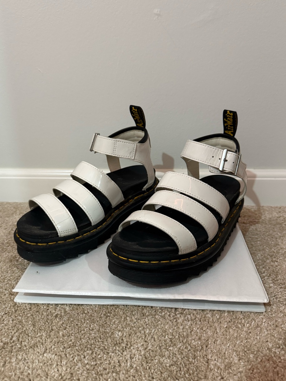White Womens DocMarten Platform Sandals with Black Sole